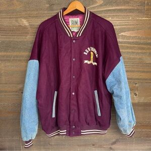 BUM Equipment Jacket Maroon College Varsity Bomber VTG 90s Wool Denim Size XL